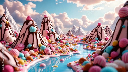Whimsical magical ice cream land with chocolate rivers and candy gardens