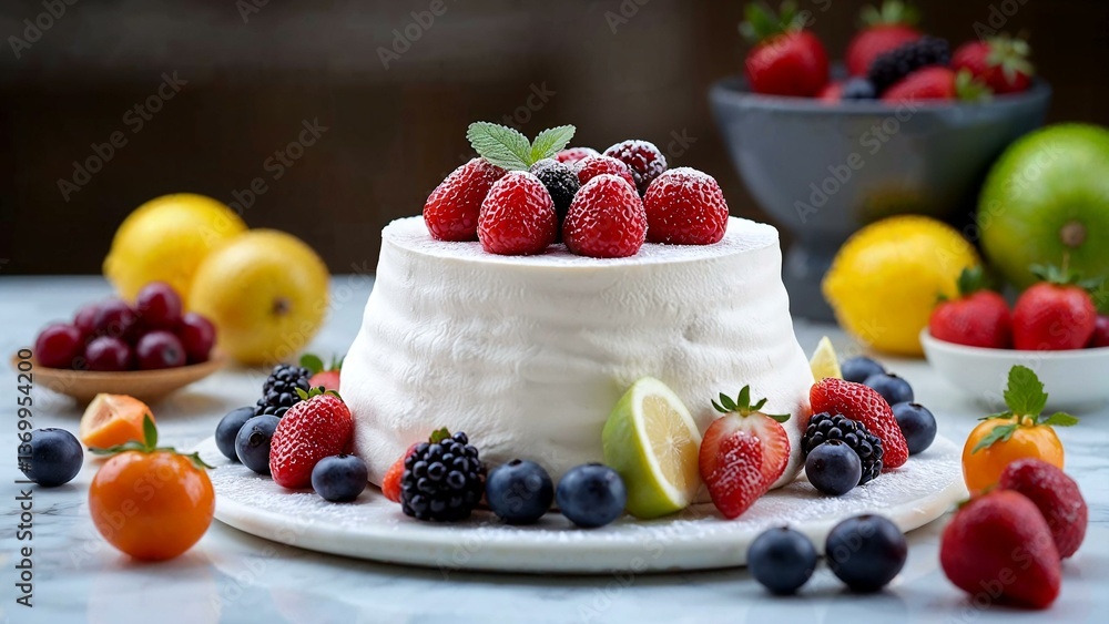 Elegant Pavlova cake displayed on a marble countertop with exotic fruits and powdered sugar Elegant Pavlova cake displayed on a marble countertop with exotic fruits and powdered sugar
