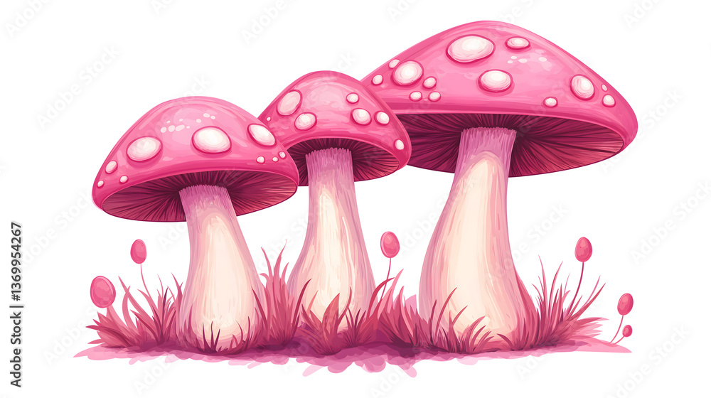 Three pink mushrooms are growing in a field of grass Three pink mushrooms are growing in a field of grass