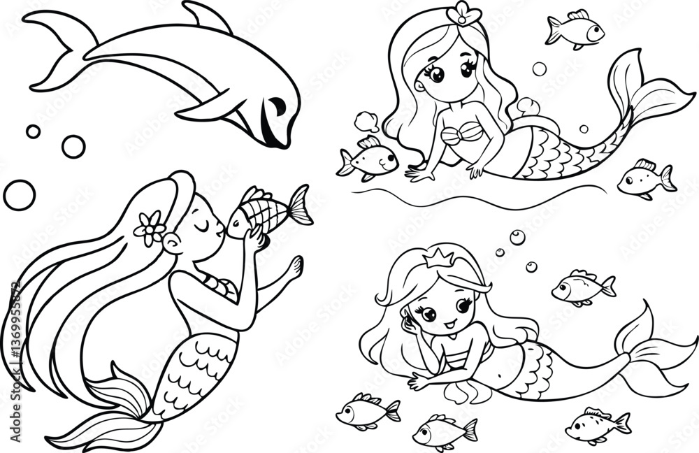 Silhouette of a mermaid with flowers in a vintage floral coloring page Silhouette of a mermaid with flowers in a vintage floral coloring page
