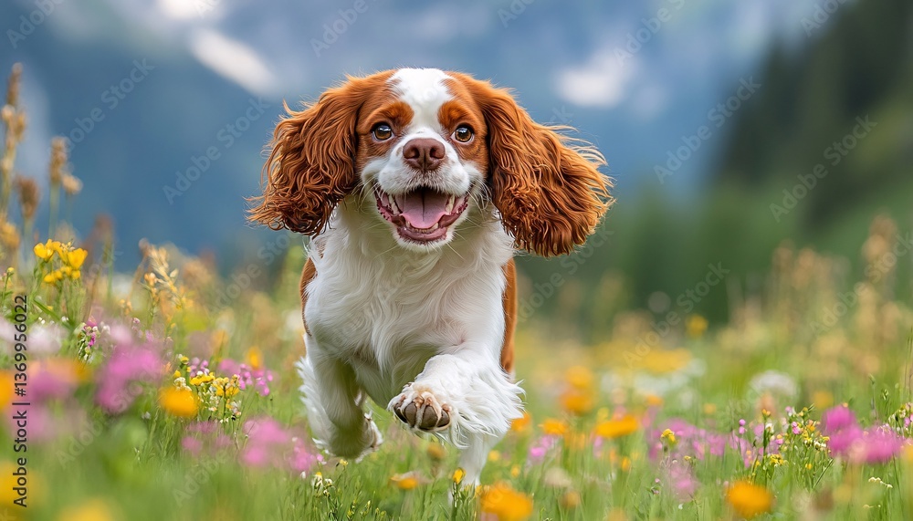 Cavalier King Charles Spaniel joyfully running through a field of wildflowers celebrating the essence of a happy pet. Cavalier King Charles Spaniel joyfully running through a field of wildflowers celebrating the essence of a happy pet.