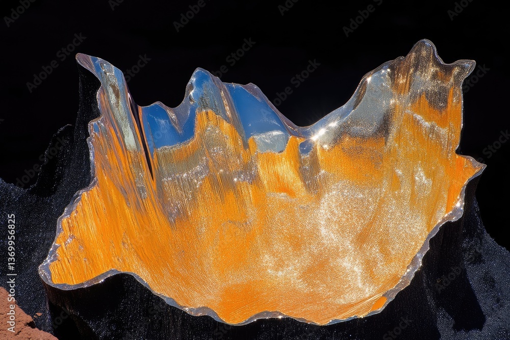 Fototapeta premium Sculptural bowl reflecting sky, with metallic, abstract, organic forms