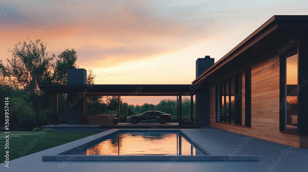Fototapeta premium Modern house exterior at sunset with serene pool reflection