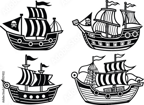 Pirate ship vector illustration with nautical elements and vintage design coloring page