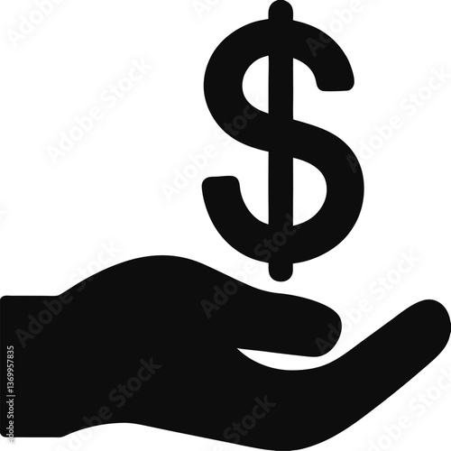"Black silhouette of hand holding a dollar coin, representing finance and payment