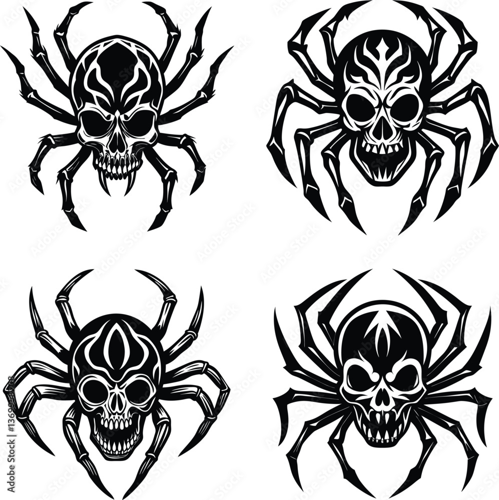 Fototapeta premium Black tribal tattoo vector design set with skull, animal, and flower patterns