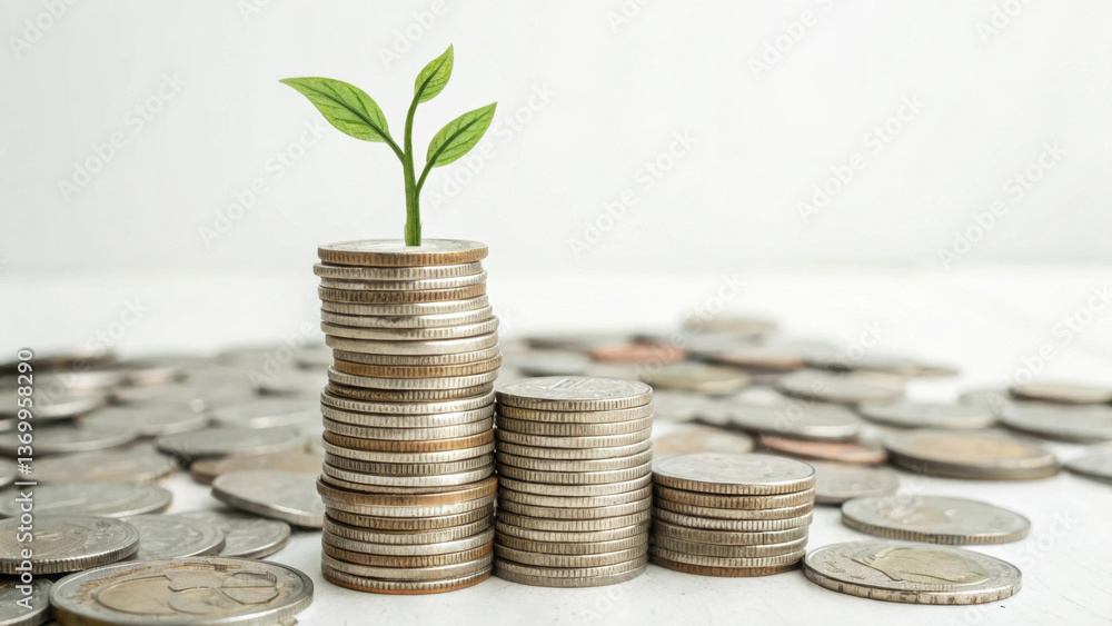 small plant sprout emerges from stack of coins, symbolizing growth and sustainability in finance. image conveys sense of eco friendly investment and economic development small plant sprout emerges from stack of coins, symbolizing growth and sustainability in finance. image conveys sense of eco friendly investment and economic development