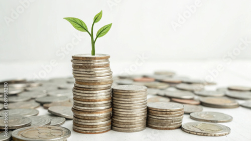 small plant sprout emerges from stack of coins, symbolizing growth and sustainability in finance. image conveys sense of eco friendly investment and economic development