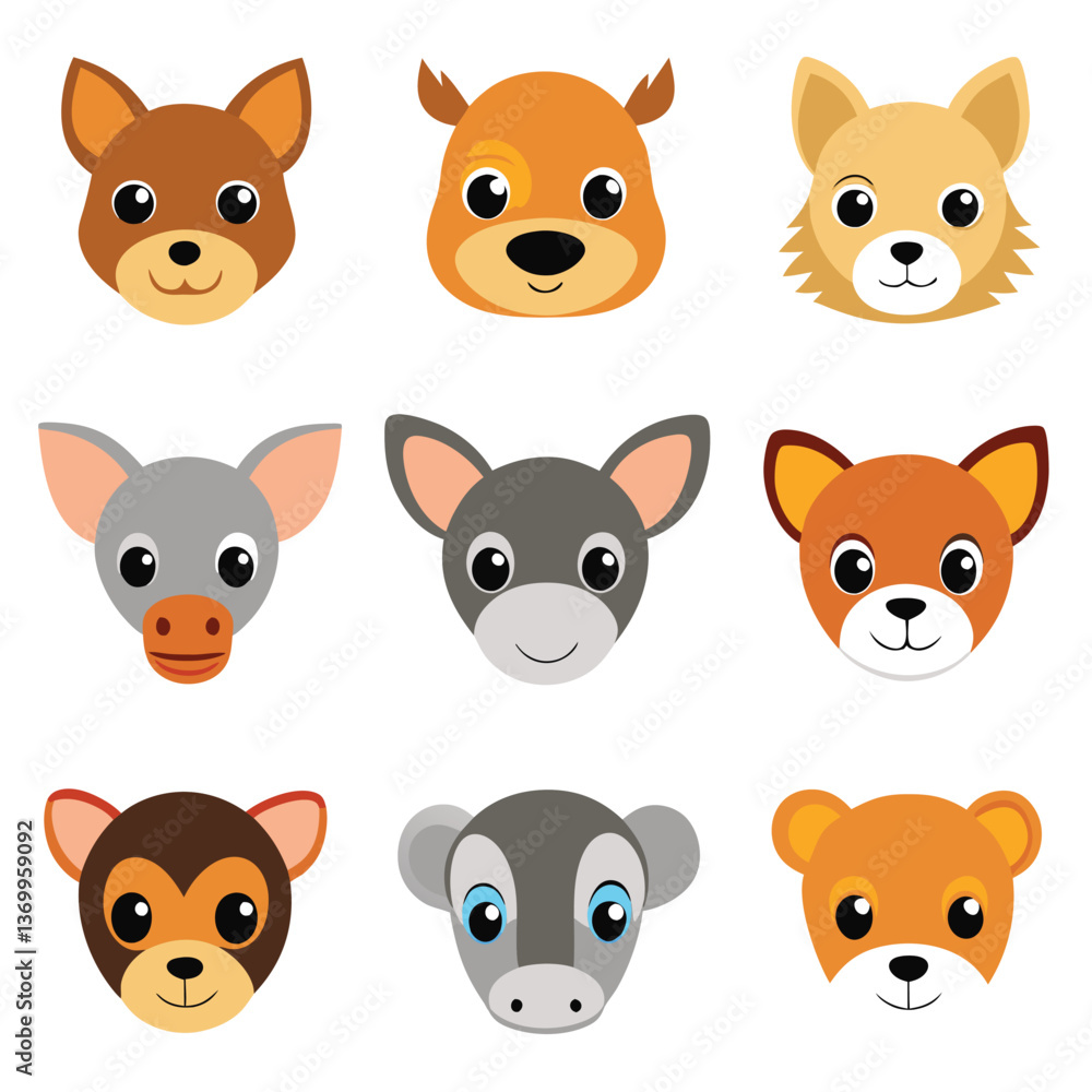 Fototapeta premium A funny animal cartoon face collection of cute pet and zoo characters