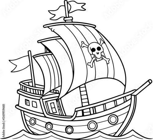 Pirate ship vector illustration with nautical elements and vintage design coloring page