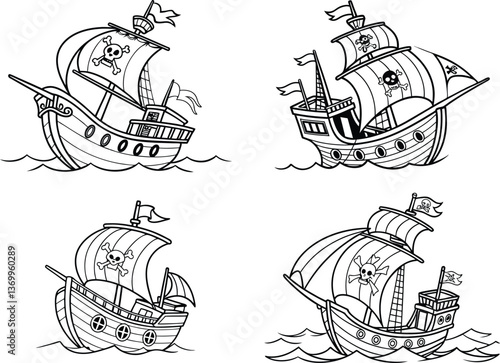 Pirate ship vector illustration with nautical elements and vintage design coloring page