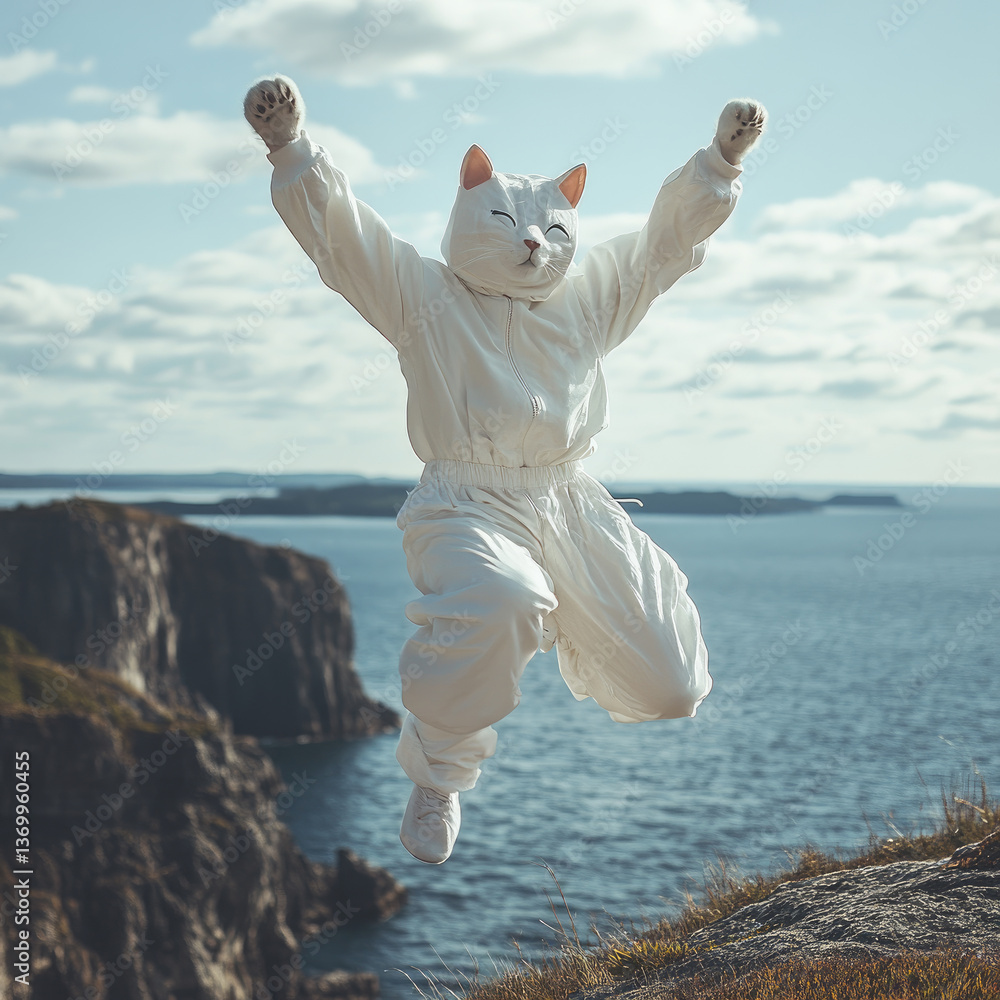 Teenager in a white cat costume performing a quadrobics jump in nature, against a bright blue sky. Showcasing youth creativity, energy, and unique subculture outdoor expression