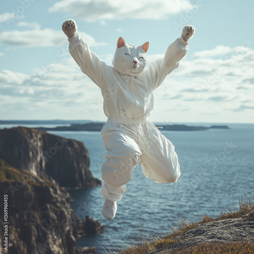 Obraz na płótnie Teenager in a white cat costume performing a quadrobics jump in nature, against a bright blue sky. Showcasing youth creativity, energy, and unique subculture outdoor expression w salonie