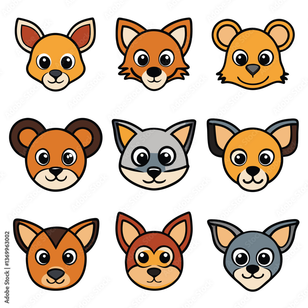 A cute vector set of funny cartoon animal heads features a collection of cat, dog, pig, cow, fox, and rabbit icons for playful design A cute vector set of funny cartoon animal heads features a collection of cat, dog, pig, cow, fox, and rabbit icons for playful design