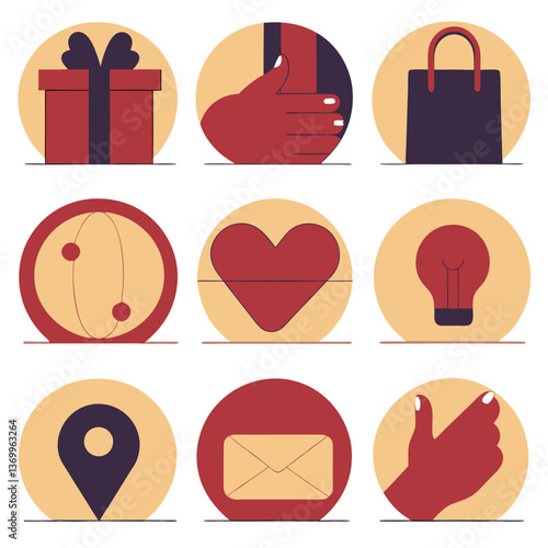 This vector icon set presents a flat design illustration with symbols of Valentine's Day, a holiday collection featuring artful elements like a cake and heart icons for web use