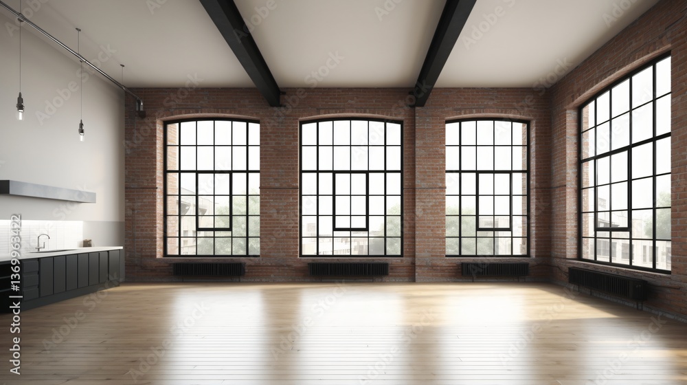 Fototapeta premium Spacious Loft Apartment with Exposed Brick Walls and Large Windows
