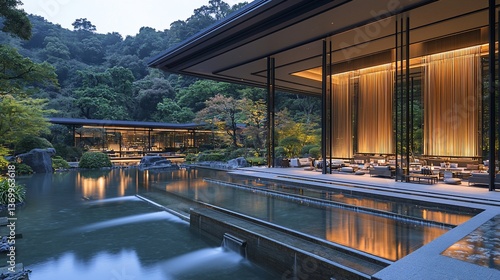 Modern hotel lounge, tranquil garden, evening, Kyoto
