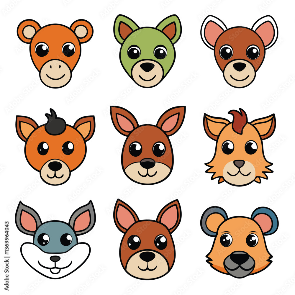 Cute cartoon animal faces collection with cats dogs and zoo pets Cute cartoon animal faces collection with cats dogs and zoo pets