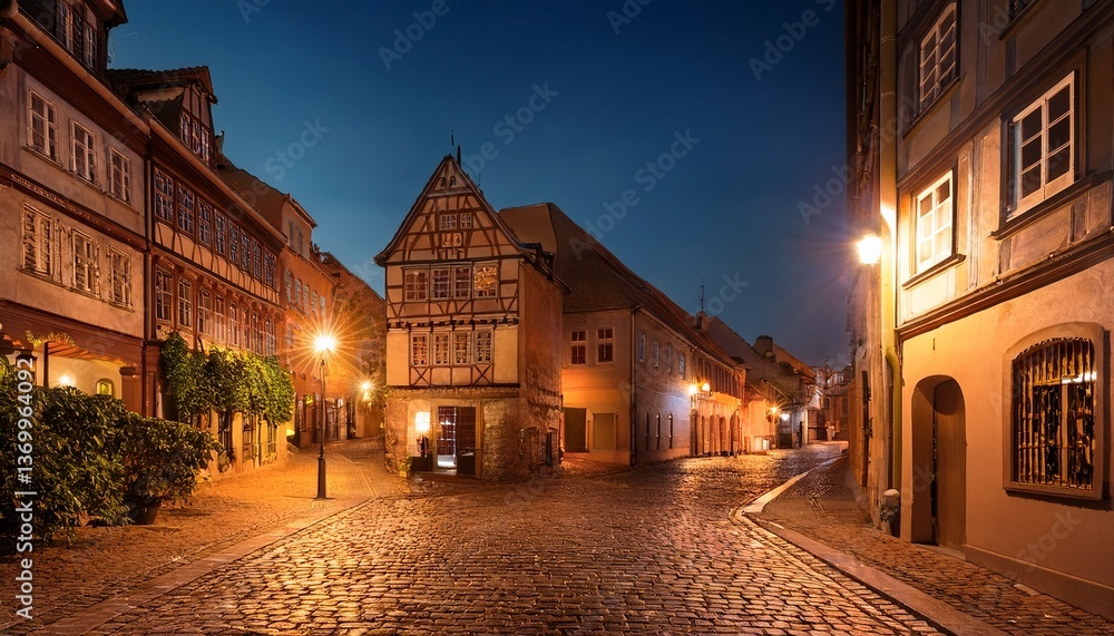 Naklejka premium ヨーロッパの街並みの夜景 温かみのある光が灯る石畳の風景