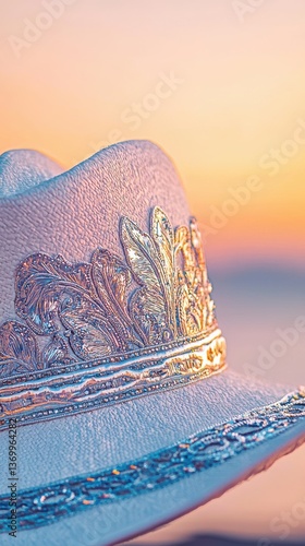 Mexican charro hat showcasing intricate silver embroidery at sunset