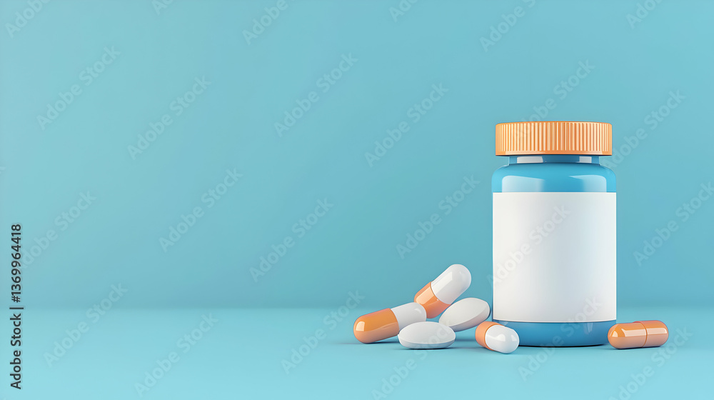 Blue Pill Bottle with White Label and Colorful Capsules on Surface Blue Pill Bottle with White Label and Colorful Capsules on Surface