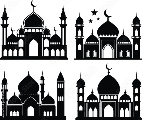Agra's white marble Taj Mahal, a Mughal love monument, silhouette against the Asian sky