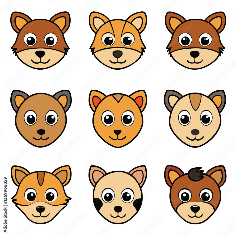 A cute cartoon vector set features the funny faces of a pig, cat, dog, and other baby farm animals A cute cartoon vector set features the funny faces of a pig, cat, dog, and other baby farm animals
