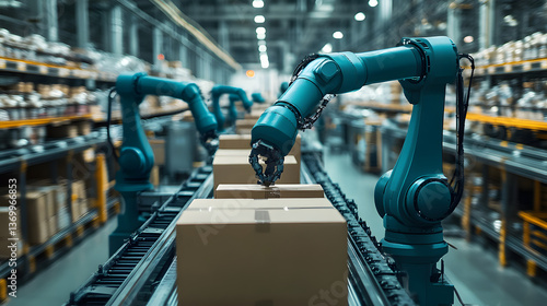 Automated Warehouse with Robotic Arms Handling Packages on a Conveyor System