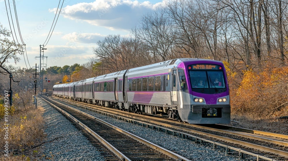 Naklejka premium A commuter rail train speeding through a suburban area with passengers visible through the windows.