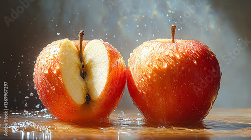 Two apples are sitting on a table with water droplets on them. One apple is cut in half, revealing its juicy interior. The other apple is whole, but it is slightly bruised