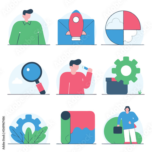 A set of business people icons represents various business concepts and professionals