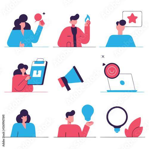 Business people icons set vector illustration depicts a team of professionals at work in an office environment