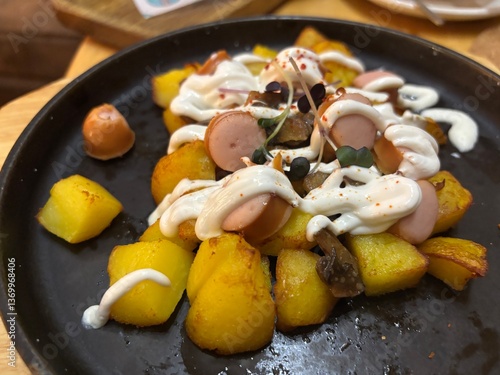 a delicious dish of fried potatoes and fried sausages with mayonnaise on a baking sheet in a restaurant