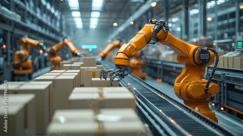 Automated Warehouse with Robotic Arms Handling Packages on a Conveyor System