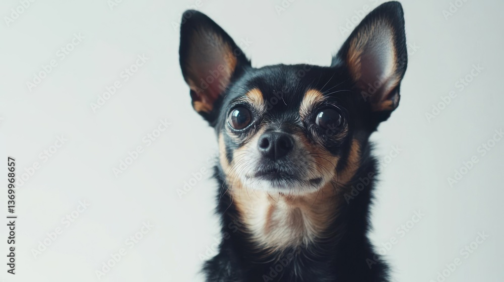Close-up of a Chihuahua with alert eyes and perked ears, against a simple white backdrop. Close-up of a Chihuahua with alert eyes and perked ears, against a simple white backdrop.