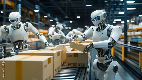 Automated Warehouse with Robotic Arms Handling Packages on a Conveyor System