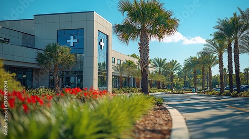 Modern medical center, sunny Florida landscape, palm trees, healthcare facility