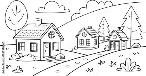 Vector illustration of a house in the forest with rural landscape and village design coloring page
