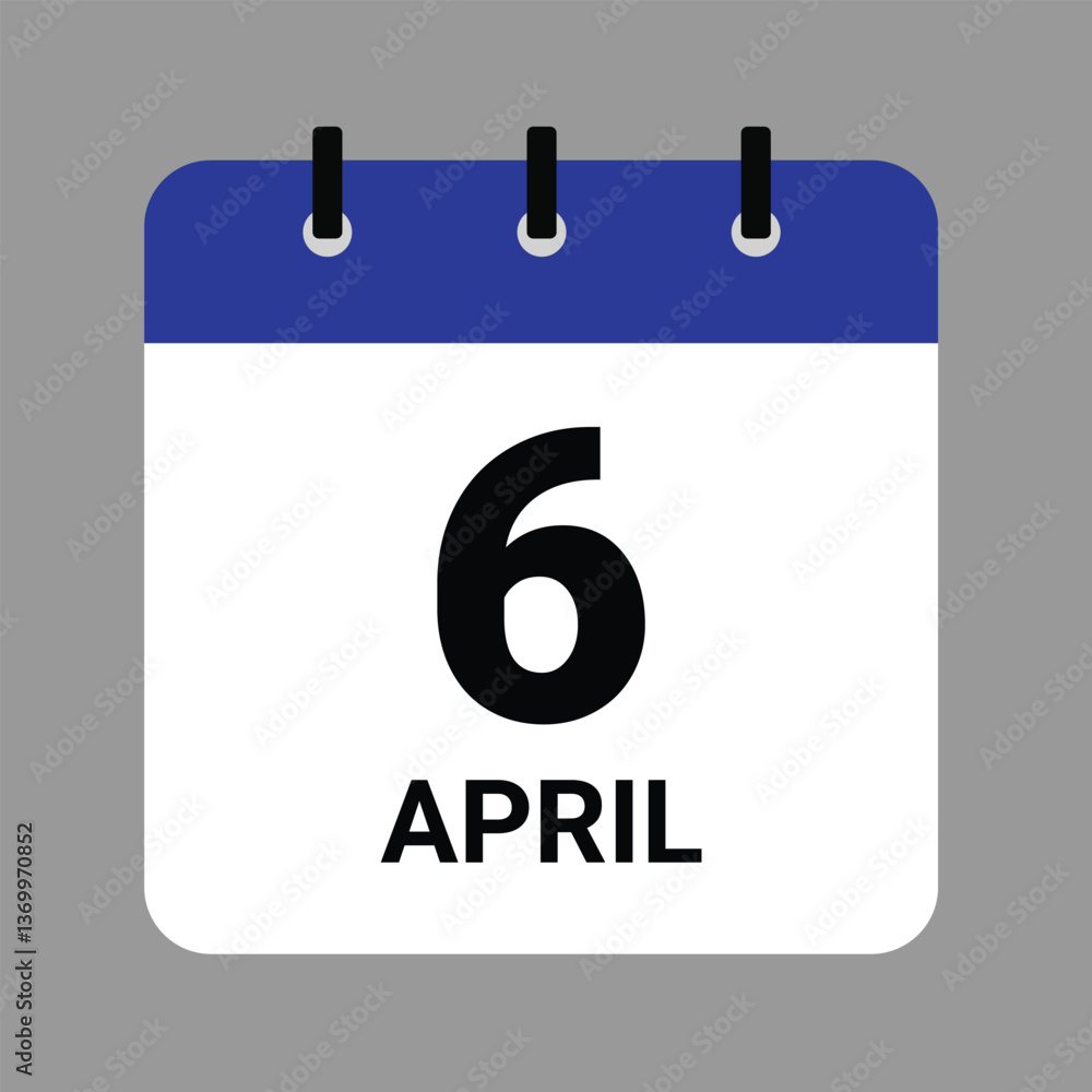 Vector illustration of a calendar icon showing dates and events. APRIL 6 Calendar Icon – Flat Design, Minimalist Date Illustration Vector illustration of a calendar icon showing dates and events. APRIL 6 Calendar Icon – Flat Design, Minimalist Date Illustration