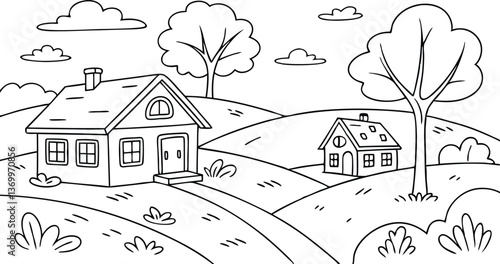 Vector illustration of a house in the forest with rural landscape and village design coloring page