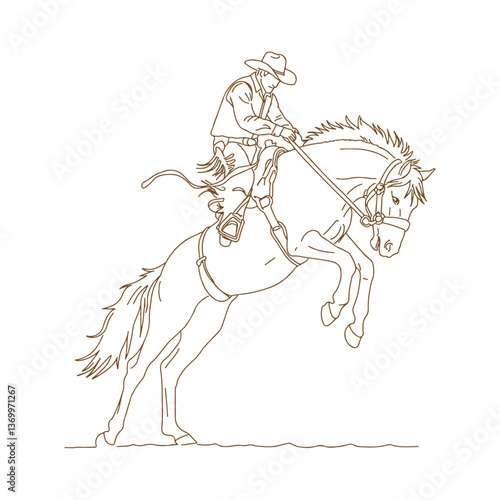 Cowboy Balancing on a Bucking Bronco with One Hand Raised – Rodeo Showdown