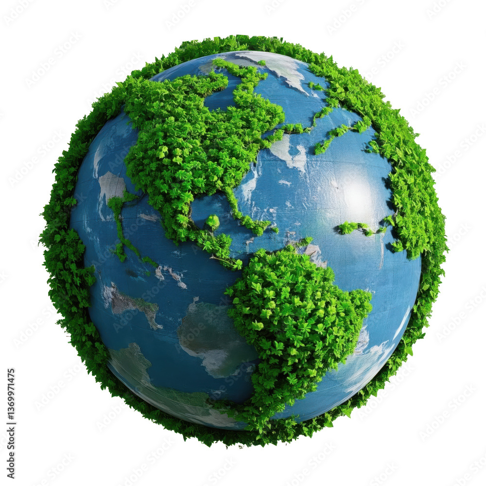 A vibrant 3D model of Earth, green vegetation, eco-friendly, environmental concept, completely covered with a dense layer of lush green foliage with transparent background. A vibrant 3D model of Earth, green vegetation, eco-friendly, environmental concept, completely covered with a dense layer of lush green foliage with transparent background.