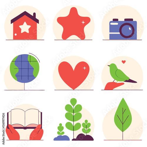 Flat design icons, colorful illustrations, simple shapes, house, star, camera, globe, heart, bird, book, plant, leaf, minimalist style, paper texture background, red and blue palette, cute graphics, v