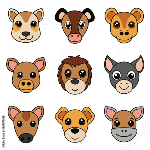 Cute cartoon dog faces, colorful animal emojis, diverse dog breed icons, kawaii pet illustrations, chibi canine characters, round animal stickers, simplified dog head designs, expressive puppy faces