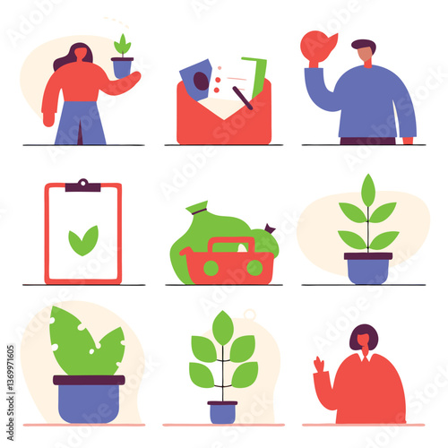 Flat colorful icons, minimalist design, plant growth, office supplies, potted plants, watering can, envelope, clipboard, piggy bank, human figures, green leaves, red and blue colors, simple shapes