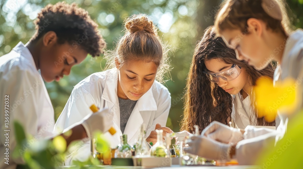 A team of students competing in an environmentally themed science fair in a vibrant outdoor setting. A team of students competing in an environmentally themed science fair in a vibrant outdoor setting.