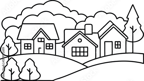 Winter City Houses Vector Illustration coloring page