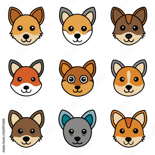 Cute cartoon dog faces, kawaii animal icons, colorful canine avatars, simple fox illustrations, chibi puppy designs, diverse dog breed emojis, minimalist pet portraits, round animal stickers, adorable