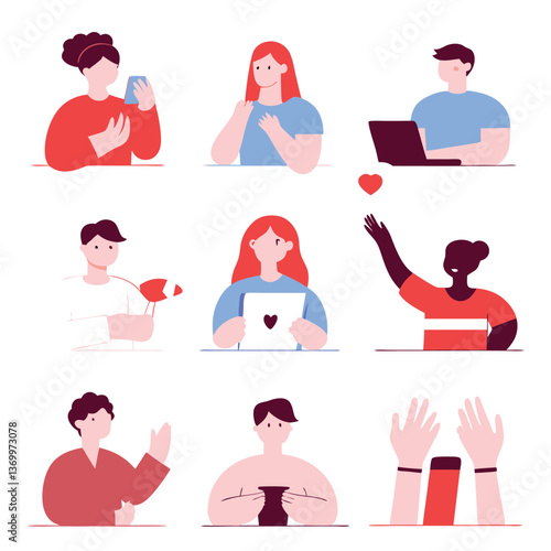 Minimalist cartoon illustrations, diverse people using technology, mobile phones, laptops, and tablets, social media activities, vibrant hair colors, simple geometric shapes, flat design style, limite