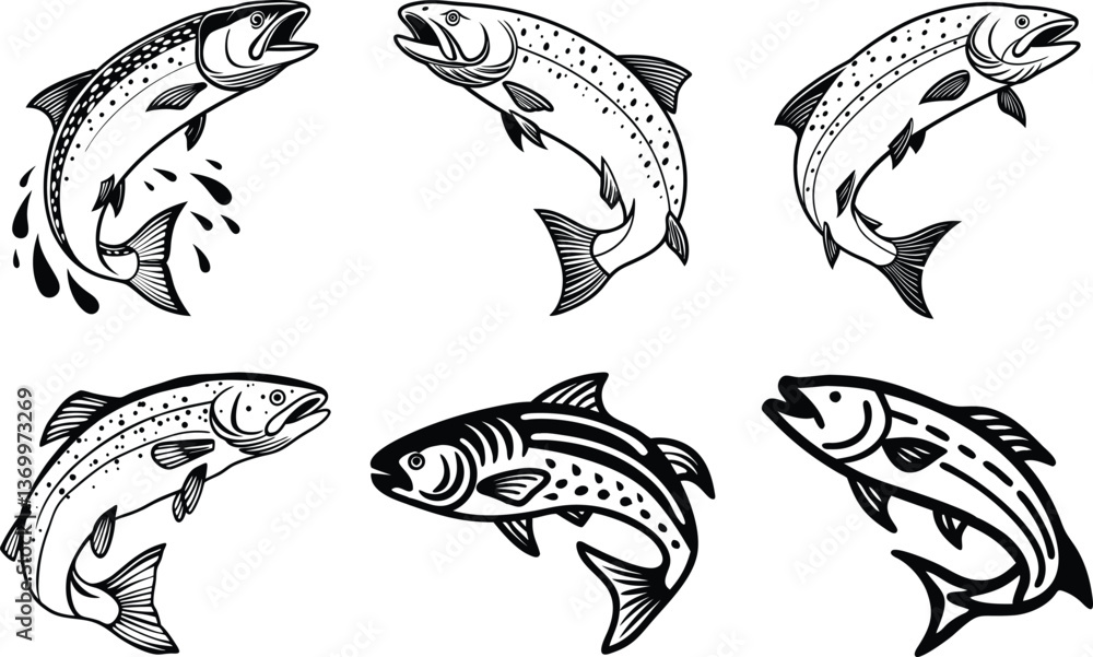 Vector set of black and white fish and sharks, marine life and underwater design, ideal for tattoo or aquarium logos Vector set of black and white fish and sharks, marine life and underwater design, ideal for tattoo or aquarium logos